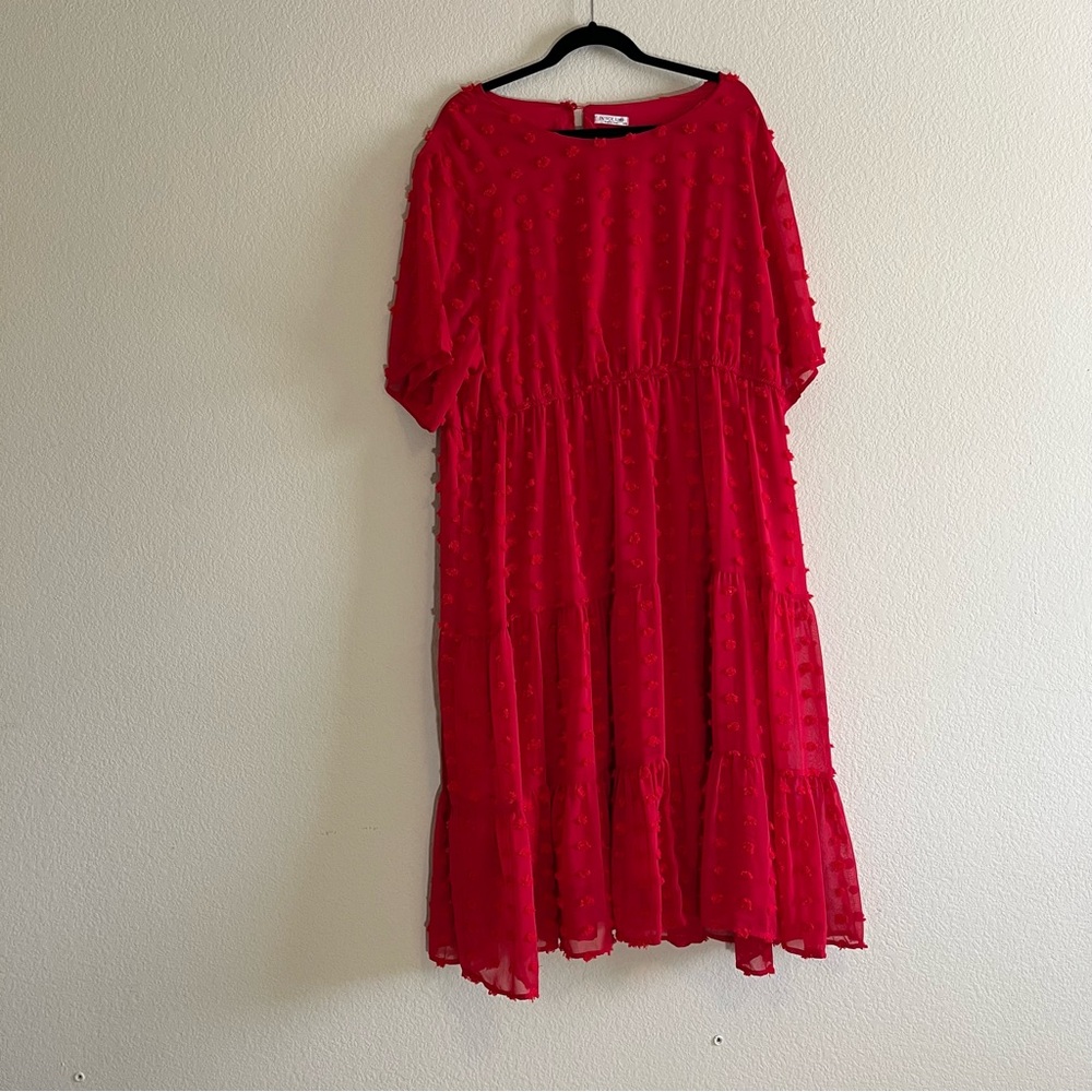 In'Voland 24W Red Dress with Fuzz Dots, Sleeves, Button on Back, 100% Polyester